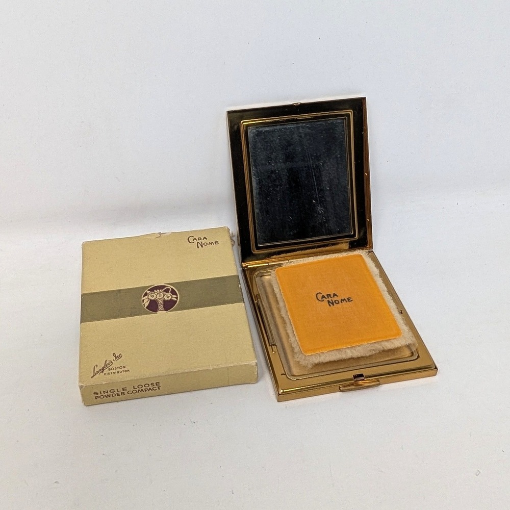 Vintage Cara Nome Gold Tone Loose Powder Compact Langlois Inc Boston with Box